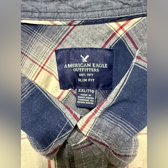 🪅American Eagle Blue Red Western Plaid Snap Down Long Sleeve Shirt - Picture 3 of 12
